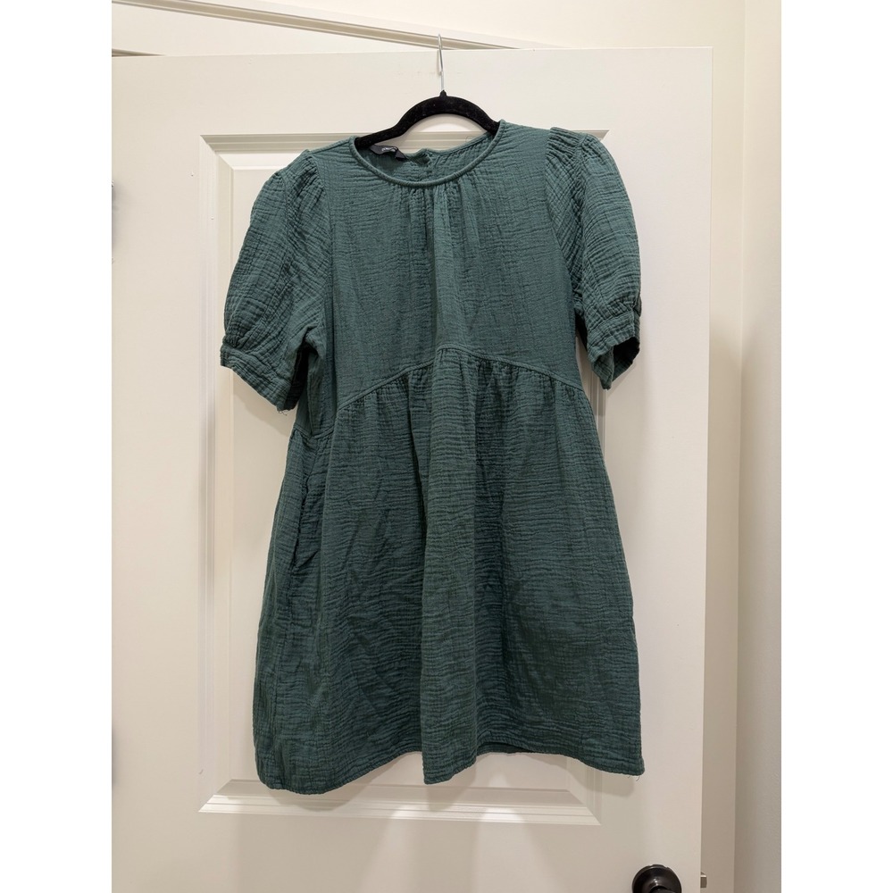 Dokotoo Green Cotton Gauze Babydoll Dress Short Sleeve Tiered Mini Smock Large